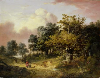 Wooded Landscape with Woman and Child Walking Down a Road